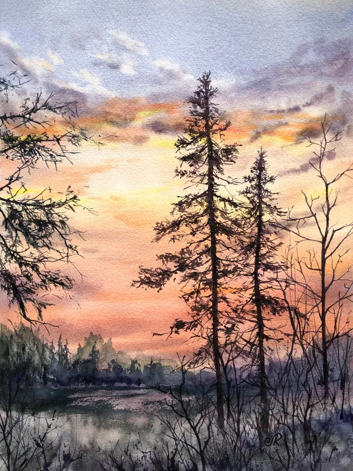Landscape Original Painting Sunset Watercolor Painting Trees Forest Wall Art
