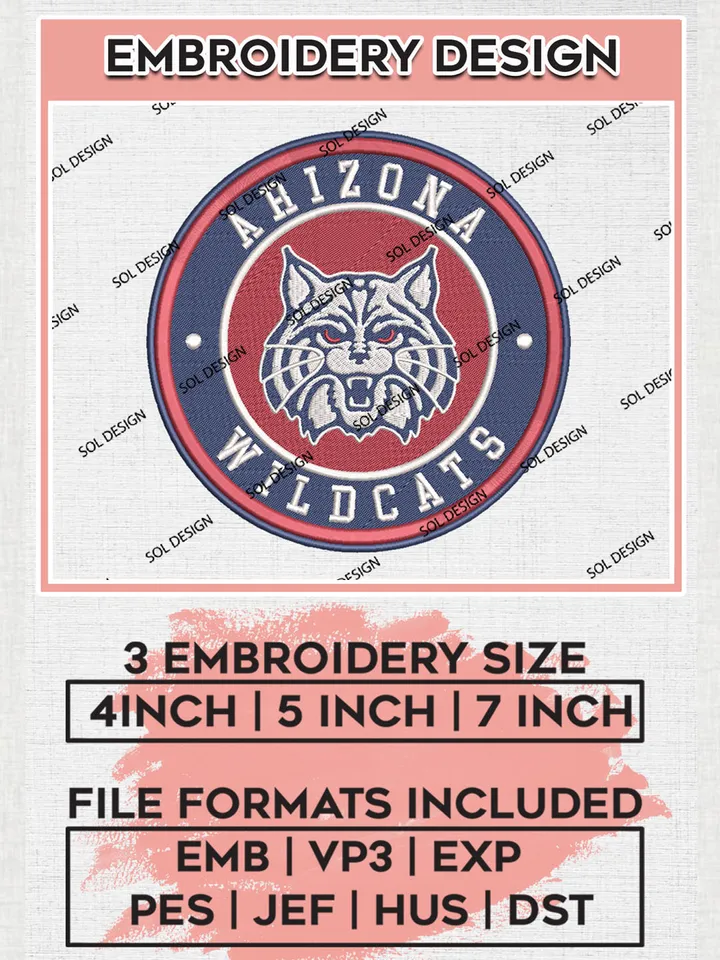 NCAA Arizona Wildcats Round Logo Embroidery, NCAA Arizona Wildcats Embroidery Design files, NCAA Teams, NCAA Machine embroidery designs, Digital Download