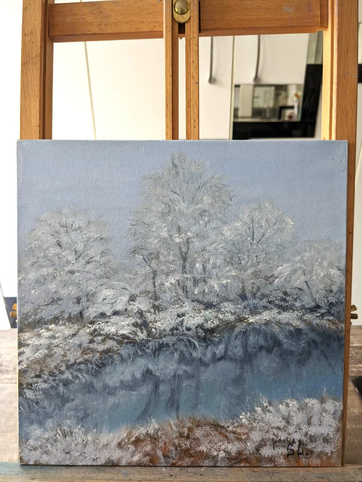 Painting winter landscape original art wall art canvas on cardboard 10x10 inches, oil paints