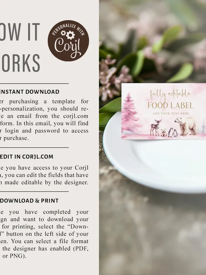 Editable Food Labels, Pink Winter Onederland Food Label Card, Woodland Birthday Food Tags, Folded Food Cards, Tented Food Label i123