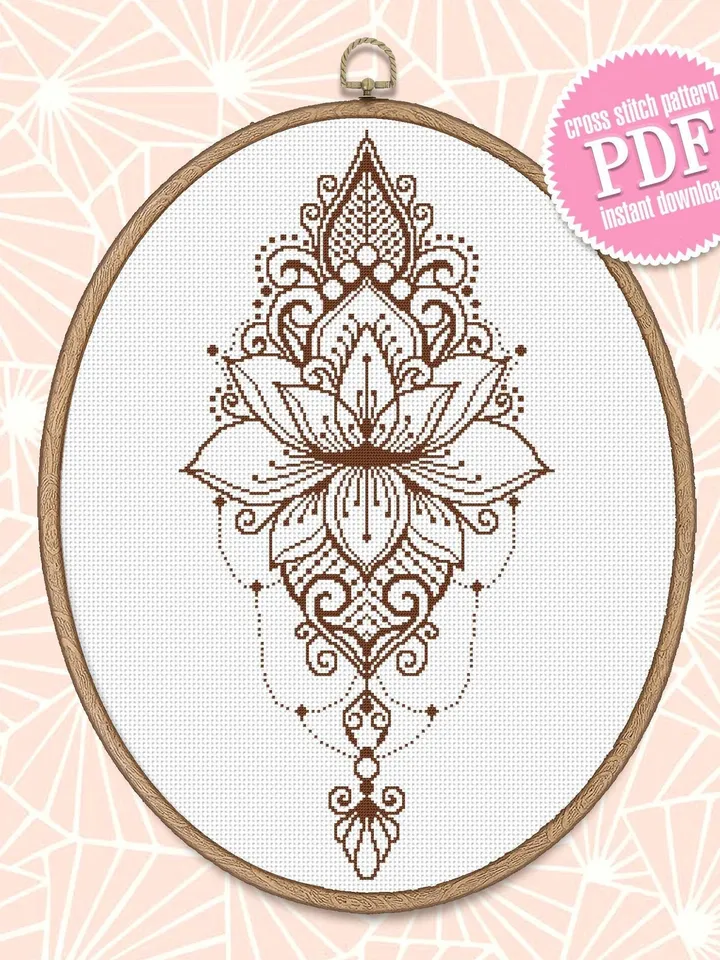 Lotus mandala cross stitch pattern download PDF, Monochrome mandala pattern digital PDF, Lotus flower cross stitch chart, Home decor #M99