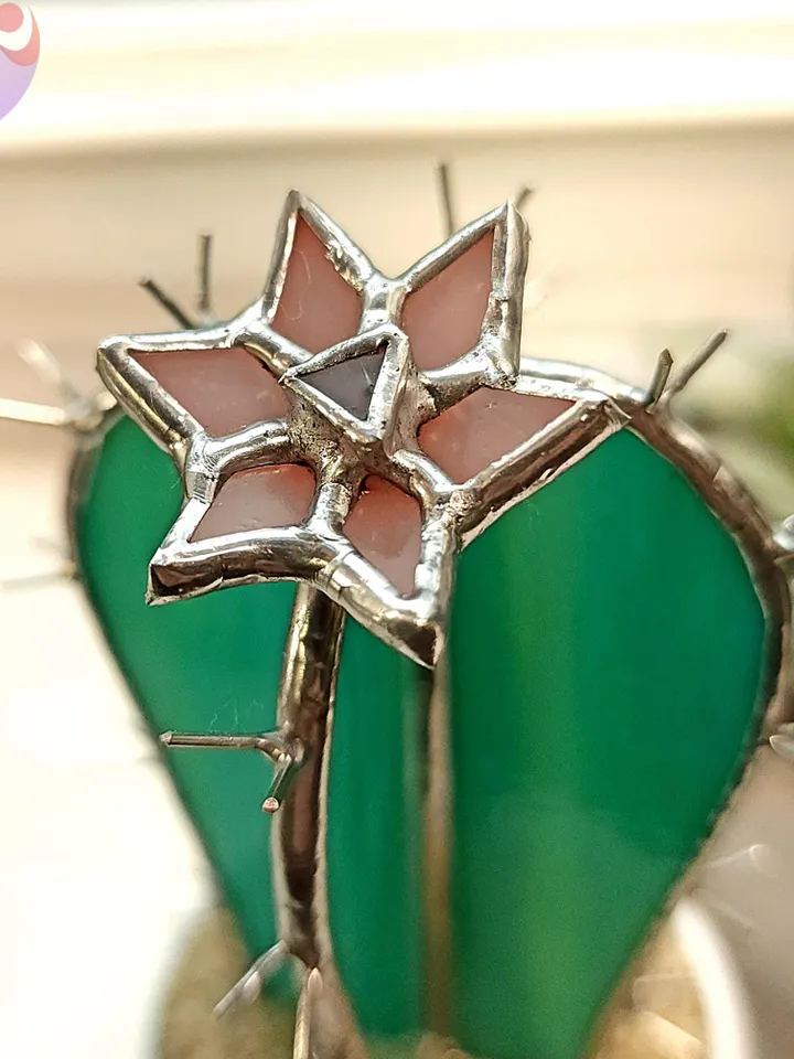 Small Stained Glass Torch Cactus with Mini Pink Flower Suncatcher in Cute Pot for Windowsill Decor Perfect No Kill Gift for Succulent Lover