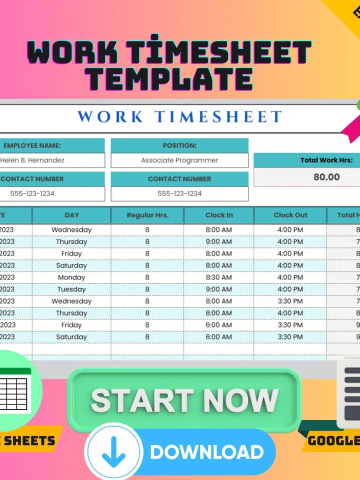 Work Timesheet Template, Google Sheets Time Tracker, Digital Download, Easy-to-Use Weekly Employee Hours Log for Payroll
