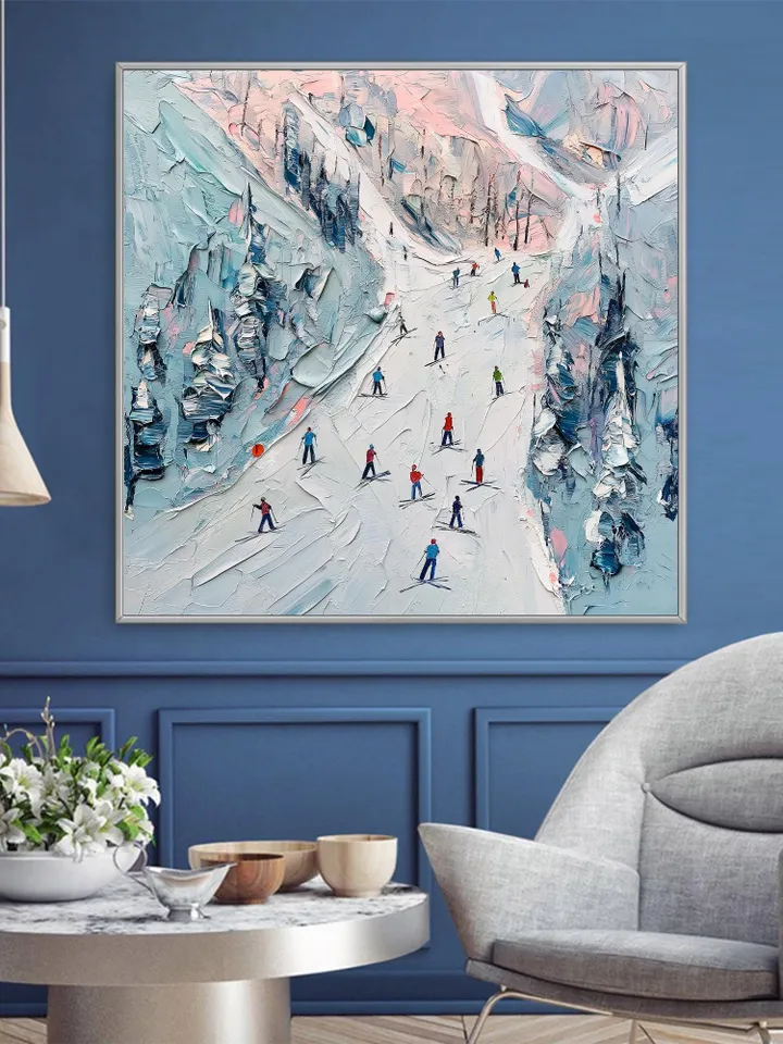 Ski Slope Painting, Winter Landscape Art, Impasto Snow Scene, Mountain Art, Skiers Painting, Textured Wall Art, Original Artwork, Home Decor