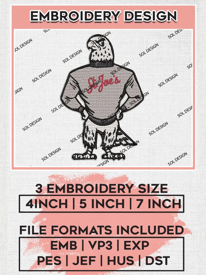 NCAA Saint Josephs Hawks College Football Team Mascot Logo Embroidery Design Files, NCAA Saint Josephs Hawks Machine Embroidery, NCAA Teams, 3 sizes, NCAA Machine embroidery designs, Digital Download