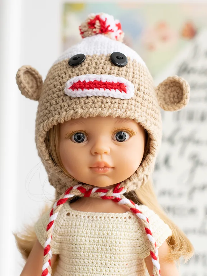 Monkey hat for Paola Reina doll, Meadowdolls Dumplings, Little Darling, Siblies, animals hat with ears for Halloween