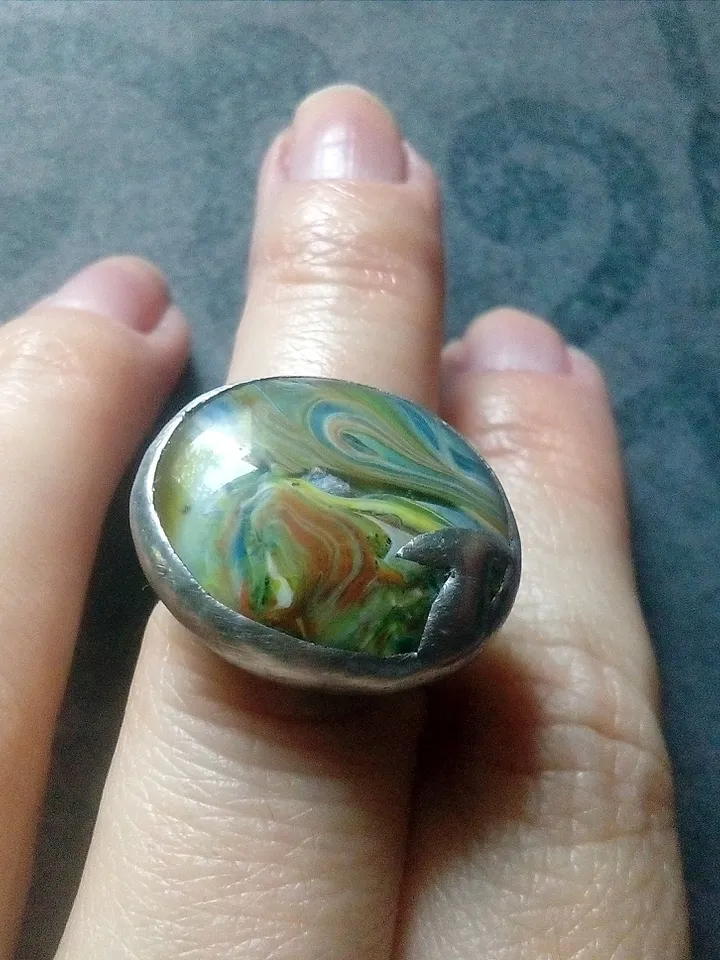 Glass fused ring, simple stained glass, tiffany ring, green ring, tin soldered ring