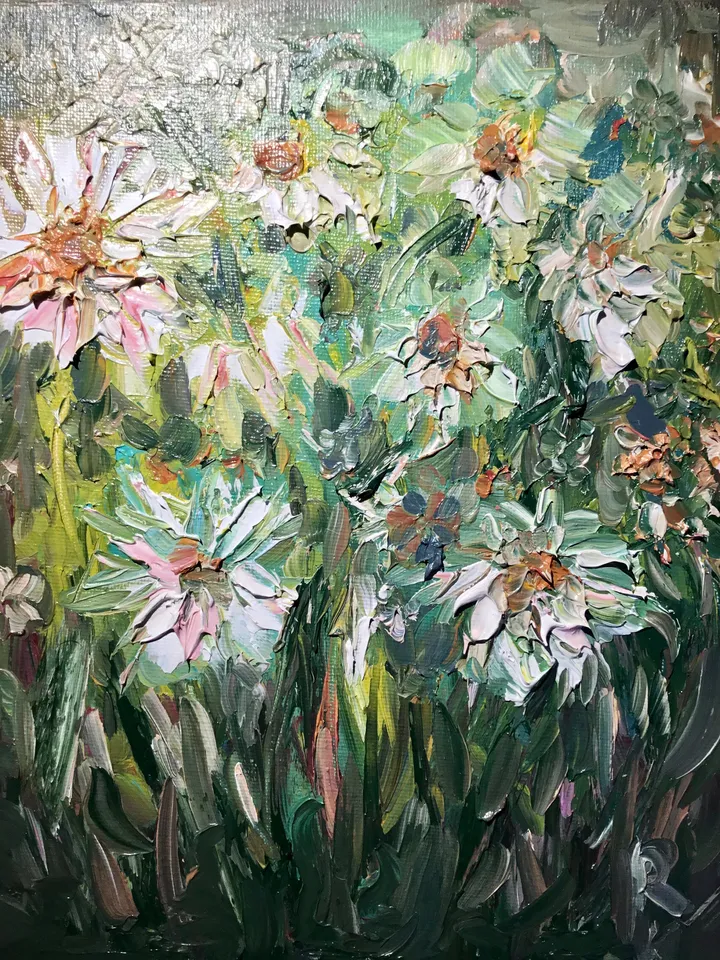 Daisies oil painting,abstract flowers original oil painting on stretched canvas,textured impasto style oil painting,flowers wall hanging