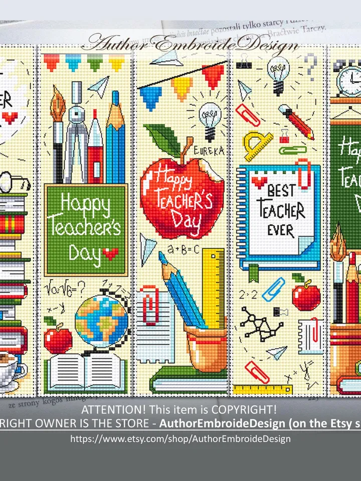 Teacher Bookmark set cross stitch pattern PDF download Best teacher ever, Handmade bookmark pattern digital PDF, Teachers day gift #B354