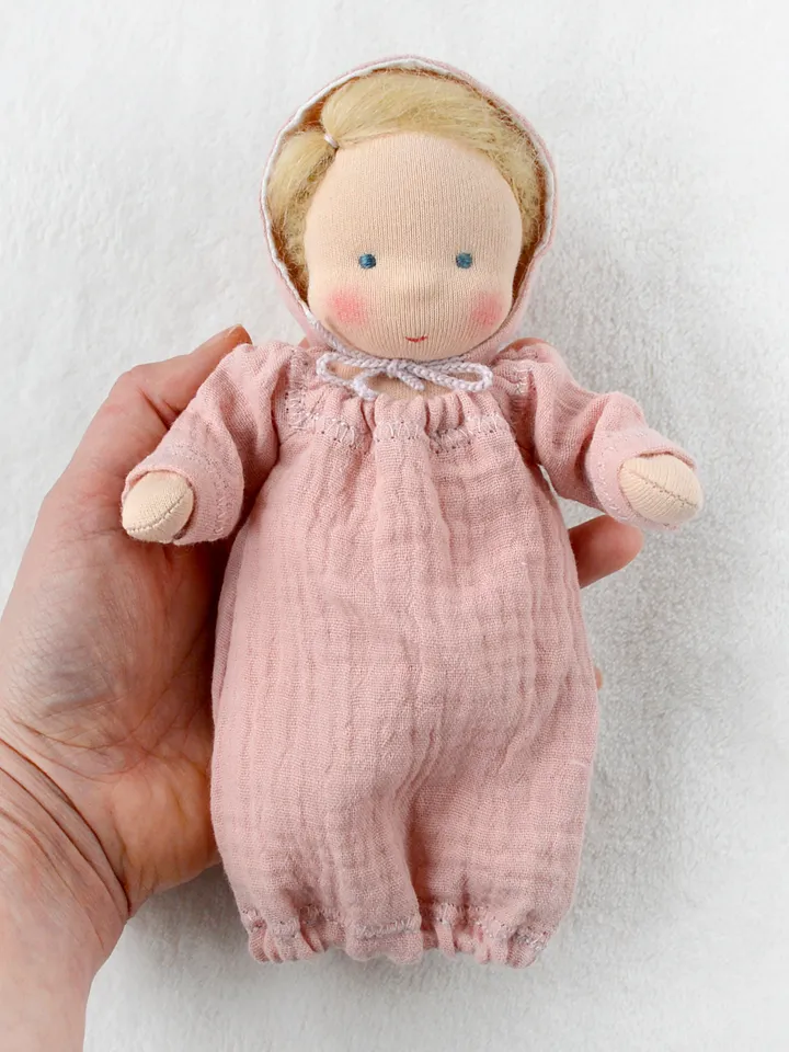 DIY Waldorf baby doll 7 inch (18 cm) tall. PDF sewing pattern and tutorial. Patterns of doll clothes as bonus!