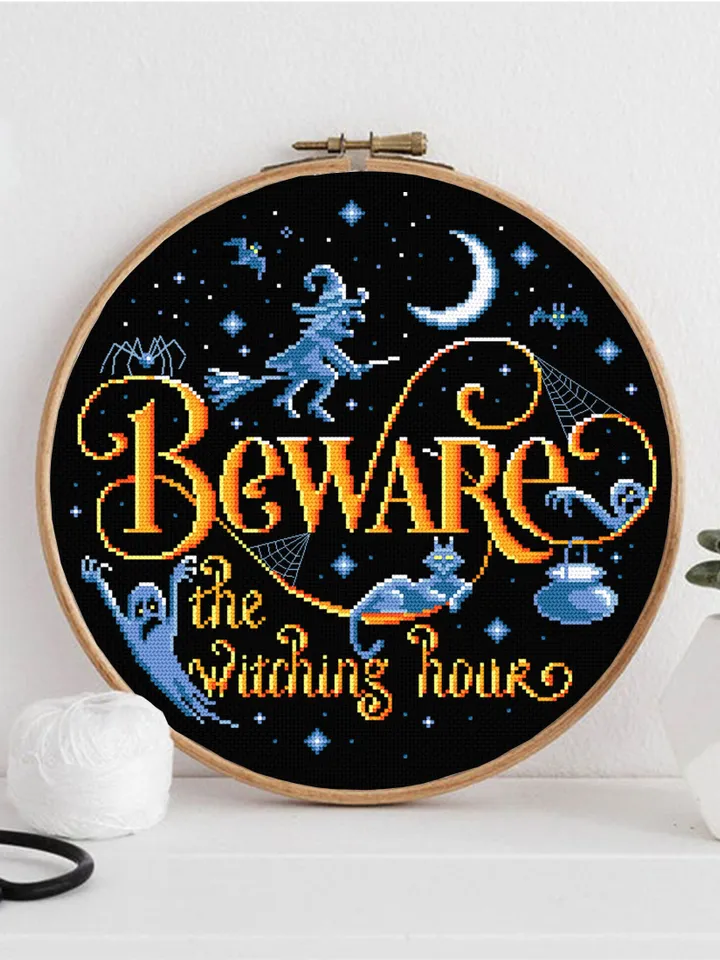 Halloween quotes cross stitch pattern download PDF, Witch cross stitch chart, Beware the witching hour, Halloween pattern digital PDF #H38
