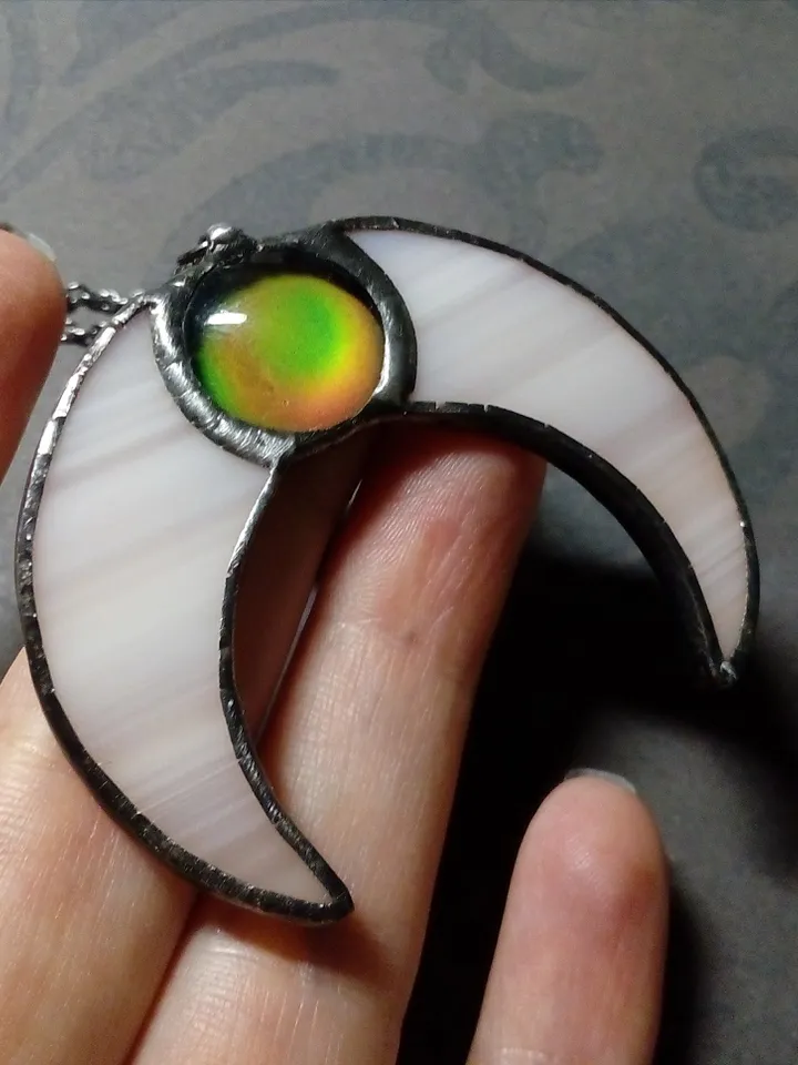 Stained glass moon, Mood stone crescent, Moon phase necklace, Stainglass crescent, Full moon