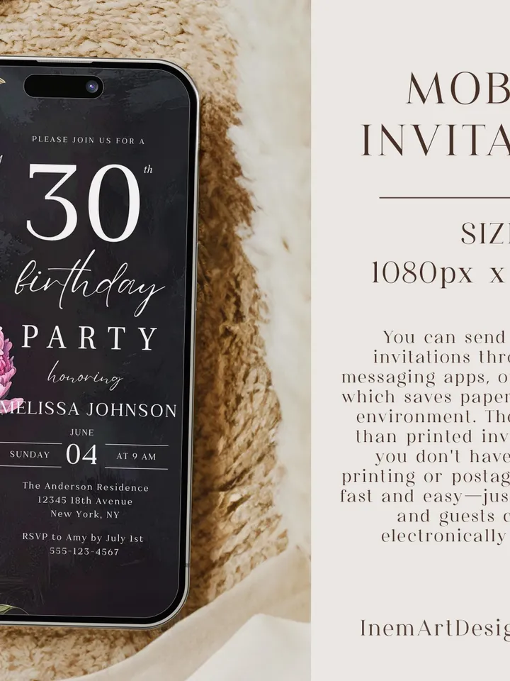 Modern 30th Birthday Canva Template – Moody Burgundy & Blush Peony Floral Invitation, Elegant Dark Background Birthday Party Invite