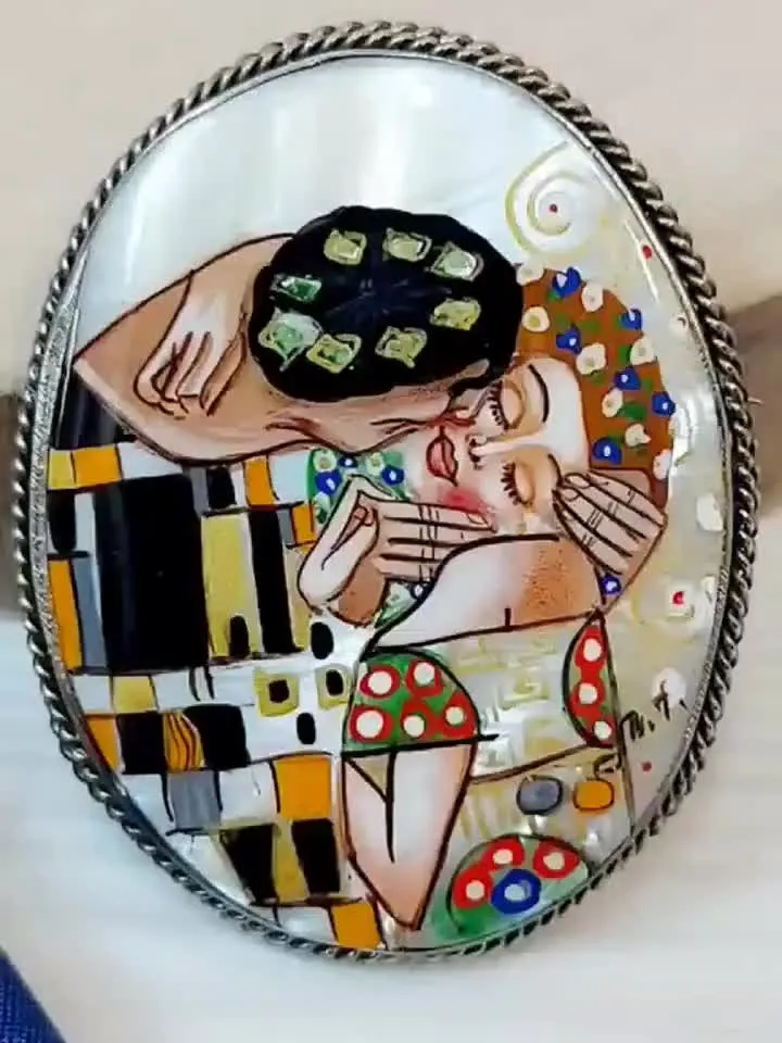 Brooches for women: Gustav Klimt "The Kiss" on handmade pin for dress, original Art Nouveau pins made from mother of pearl shell