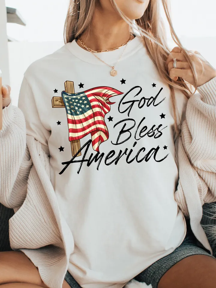 God Bless America PNG File, Sublimation Designs,4th of July, American Flag,Cross Png, Patriotic Christian, USA Vintage Trendy, Leopard Mama