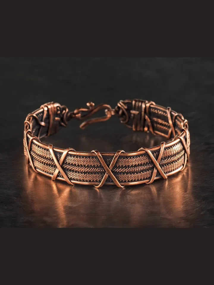 Wire wrapped bracelet, Unique 7th 22nd Anniversary gift idea, Art Nouveau antique style, One of kind braided statement bangle, Handmade oxidized pure copper jewelry, Pain relief, EMF protection