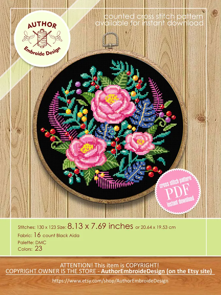 Floral cross stitch pattern PDF download Flowers cross stitch chart, Flower bouquet, Rose flower embroidery PDF, DIY gift plant lover #P29