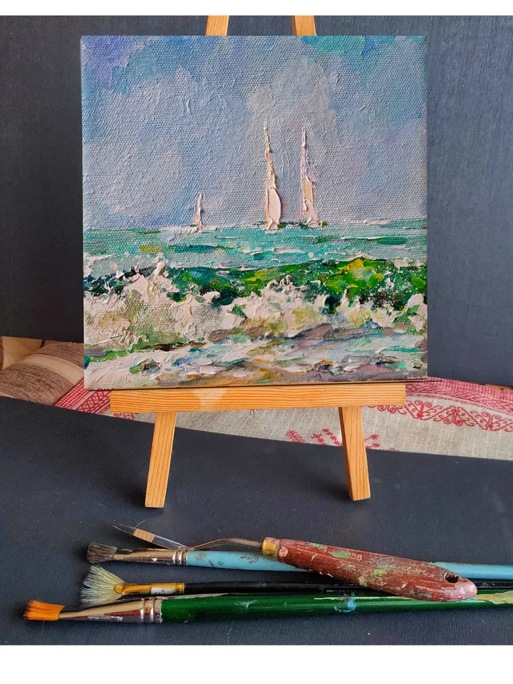 Oil Painting California Seascape Original Artwork Canvas Wall Art Impasto Small Painting 8 by 8 inches