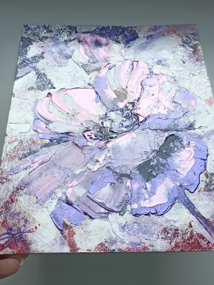 Abstract painting with garden flowers, "Peony flower", original acrylic painting on cardboard 25x20cm in a white wooden frame