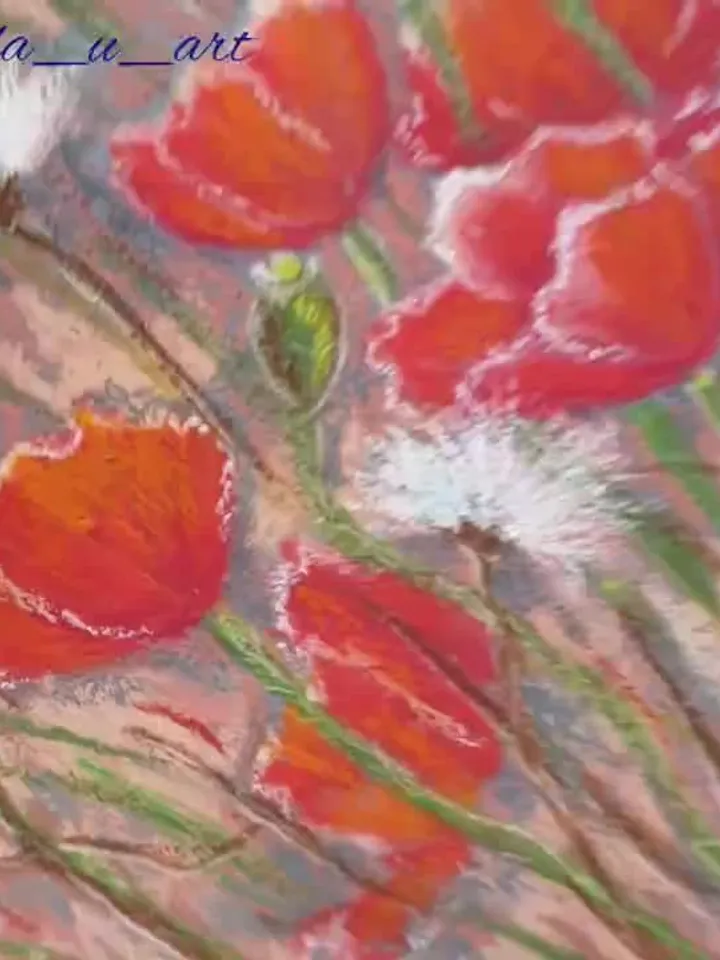 Red Poppies Painting Wildflowers Original Art Meadow Drawing Oil Pastel Painting