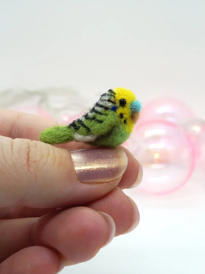 Miniature needle felted green budgie, tiny pet, tiny bird