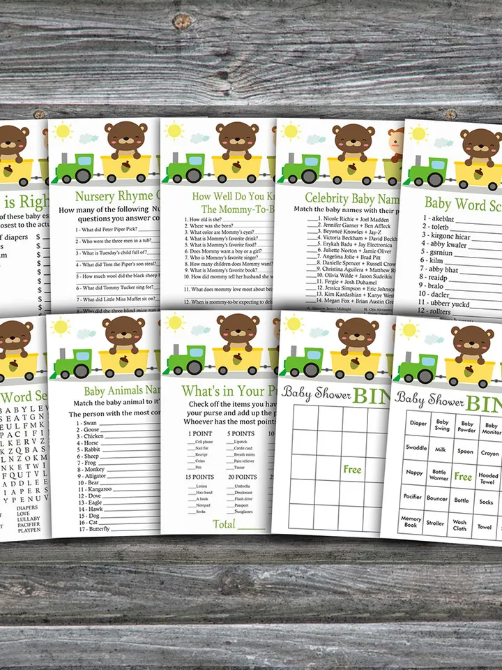 Woodland baby shower games bundle,Animal train Baby Shower games package,Fun Baby Shower Games,9 Printable Games-377