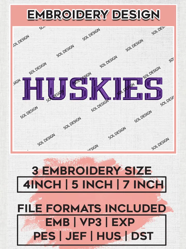 Washington Huskies Football Team Word Logo Embroidery Design Files, NCAA Washington Huskies Machine Embroidery, NCAA Teams, 3 sizes, NCAA Machine embroidery designs, Digital Download