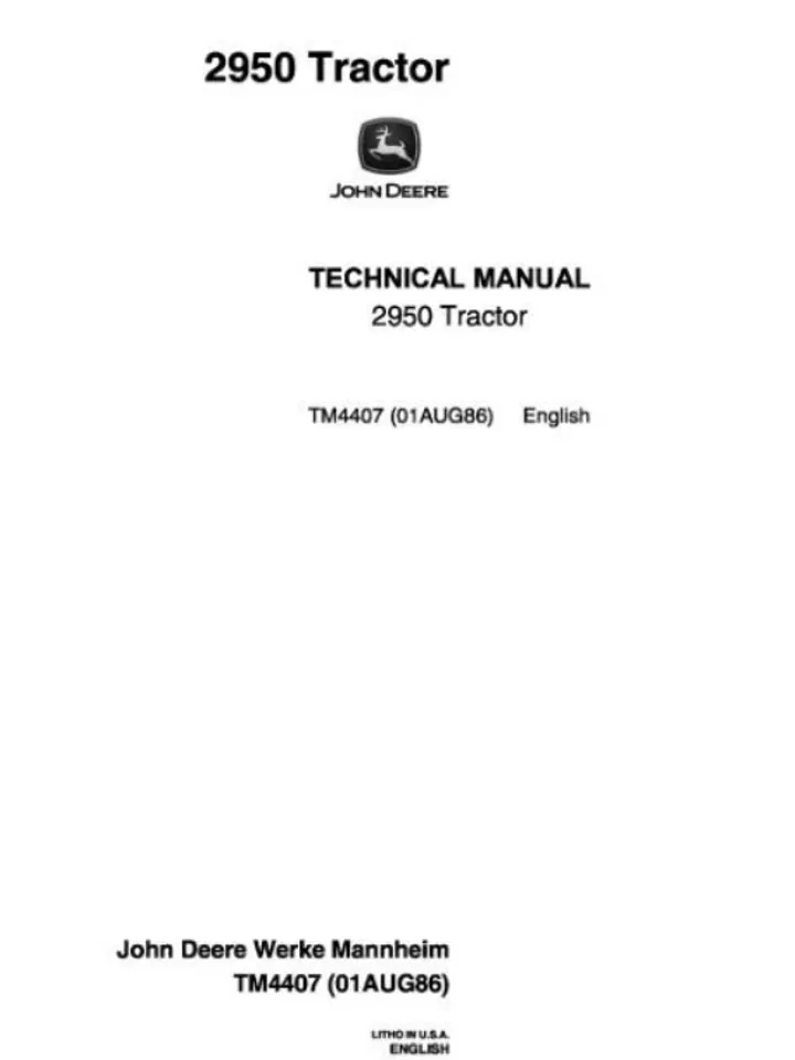 John Deere 2950 Tractor Service Manual Repair Shop Technical