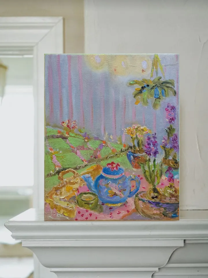 Oil painting on canvas 24x30cm (9.6x12 inches) "Tea Party in the Garden"