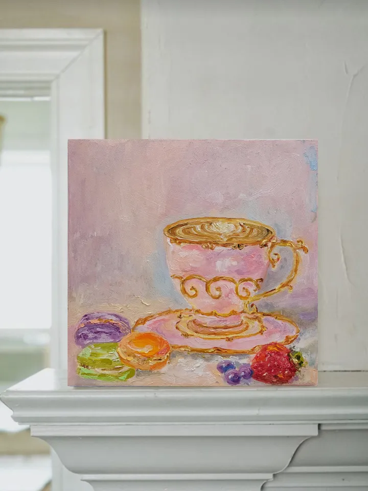 Oil painting "Still life. Cup of coffee with macarons" 20x20cm (8х8inc).