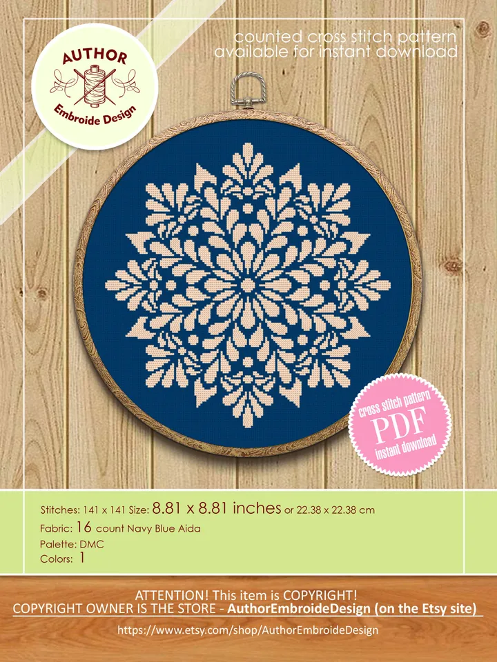Flower mandala cross stitch pattern PDF download Floral mandala pattern digital PDF, Monochrome cross stitch chart, Mandala ornament #M230