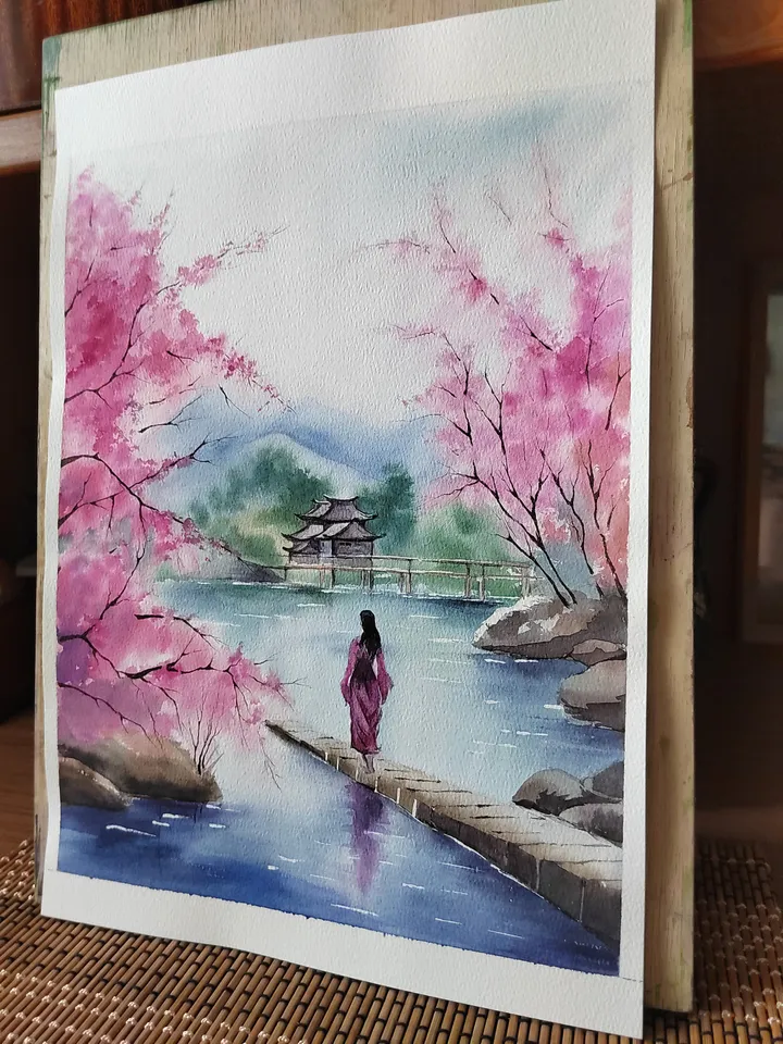 Cherry Blossoms Painting Sakura Landscape Artwork Original Watercolor Art 10.62x15.35 in by SoftWaves