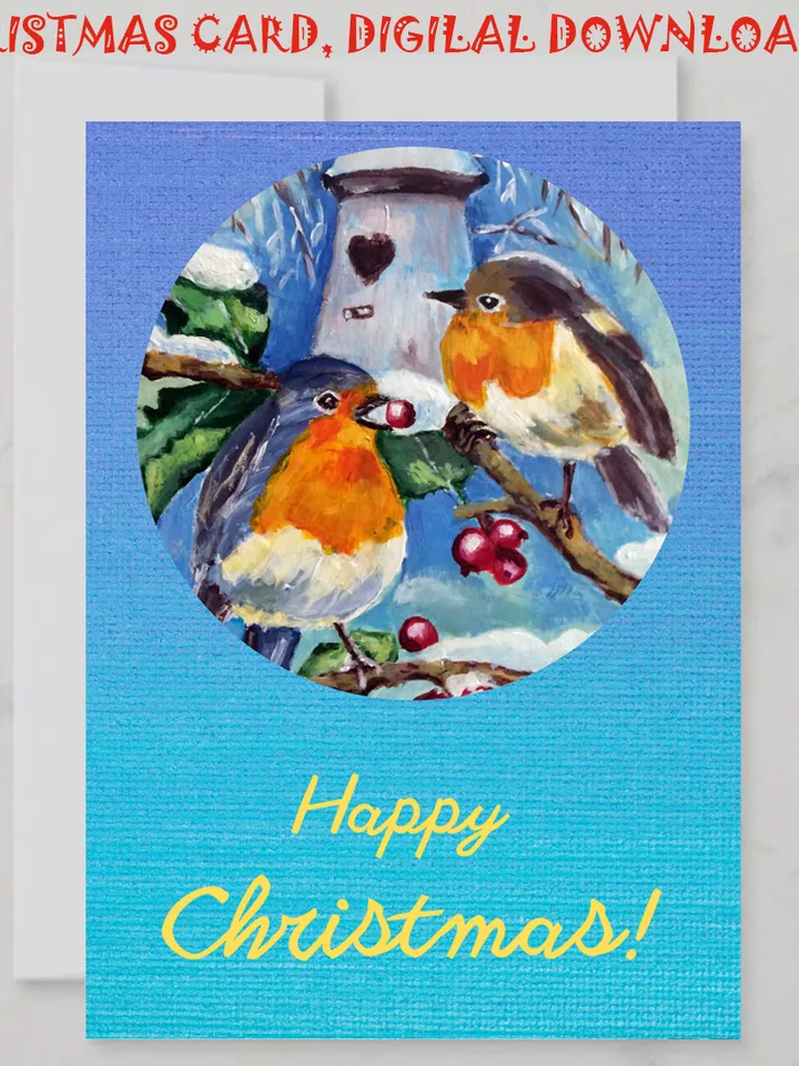 Happy Christmas Card, Digital download, Robin bird greeting card, Christmas gift tags, Printable Xmas card