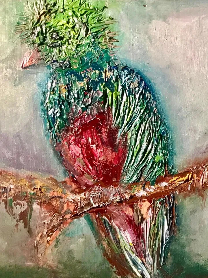 Quetzal bird,original oil impasto style painting on wooden box ,birds painting,exotic birds painting,wall decoration,unique gifts.