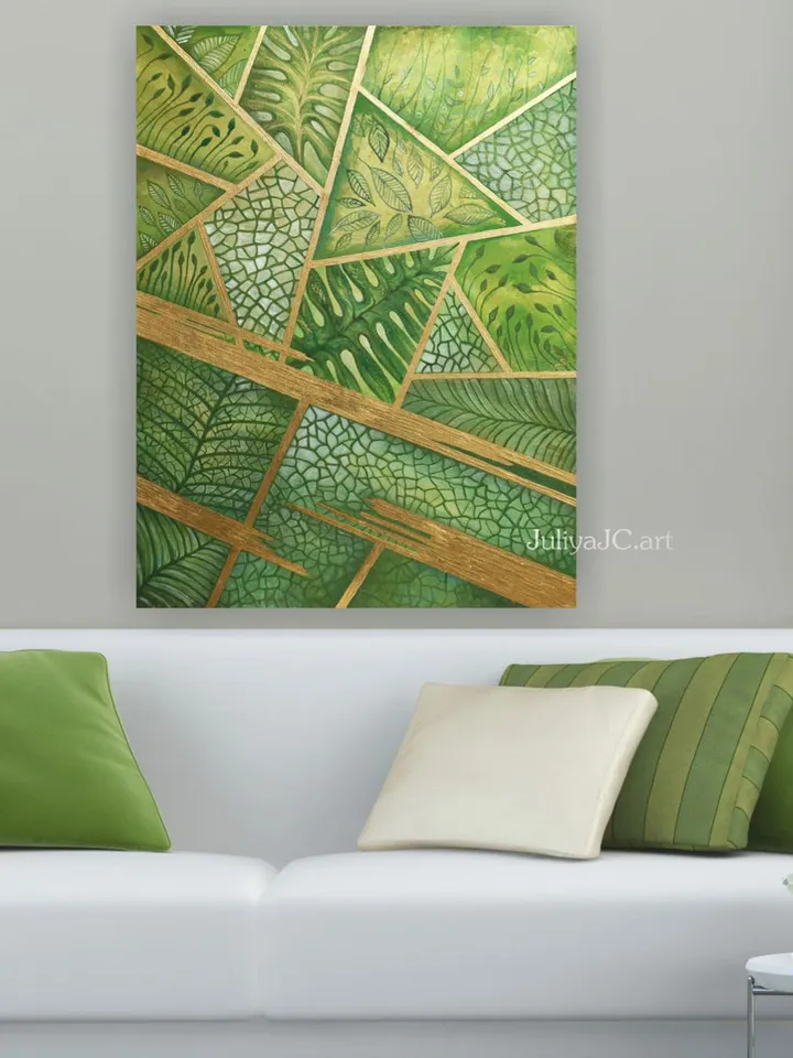 Green and Gold Abstract Wall Art Chartreuse Original art Floral Painting Botanical Art Green leaves art