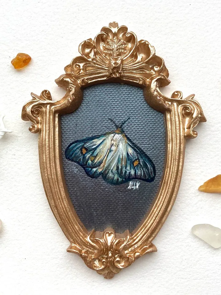 Moth Painting Original Gold Frame Art Original Oil Painting Small 3x4 Butterfly Artwork Enotomology Wall Decor