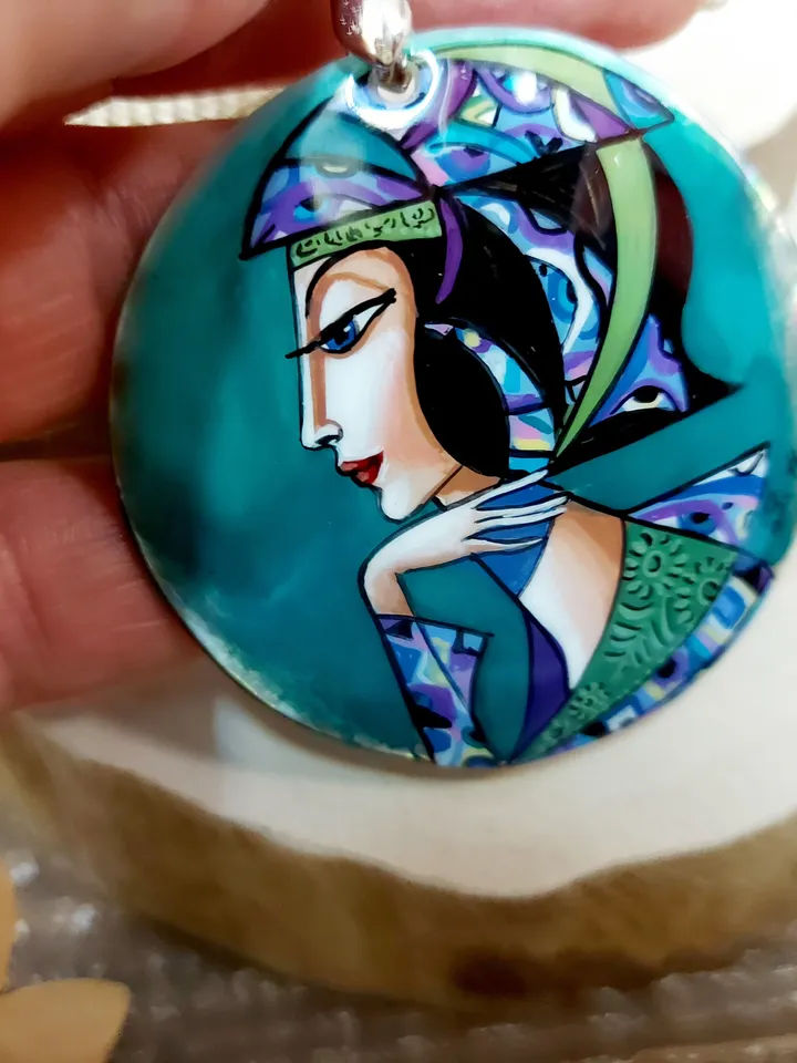 Pendant "In purple tones 2" Mother-of-pearl Hand-painted Art gift Russian necklace, fine art jewelry Fedoskino