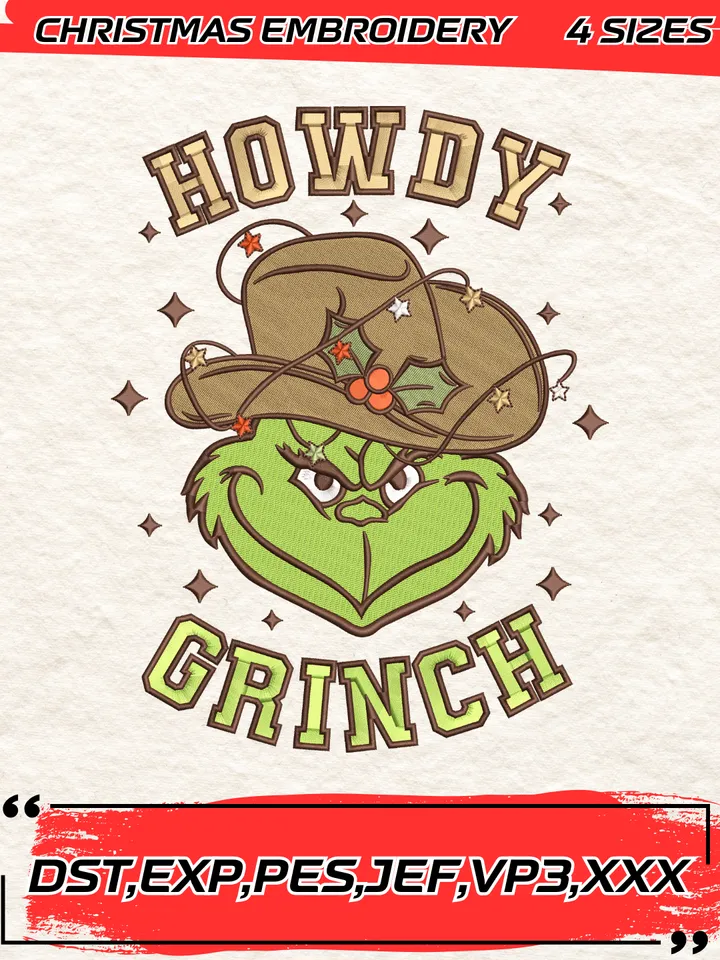 Howdy Grinch Embroidery Design,Christmas Embroidery Design,4 Sizes,Digital Download