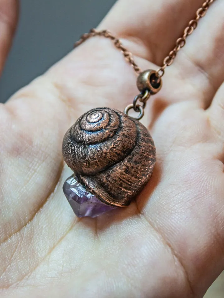 Handmade copper pendant made from real shell using electroforming process, embellished with natural amethyst, great gift for her and him