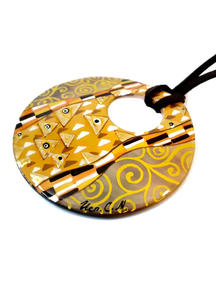 Pearl pendant necklace: Abstract art in style of Gustav Klimt painted on Mother of pearl necklace • Aesthetic stylish pendant for her dress