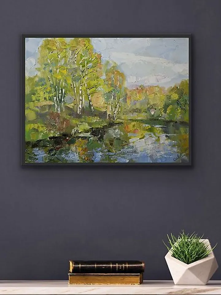 Nature Lake Painting Spring Landscape Original Artwork Impressionism Plein Air