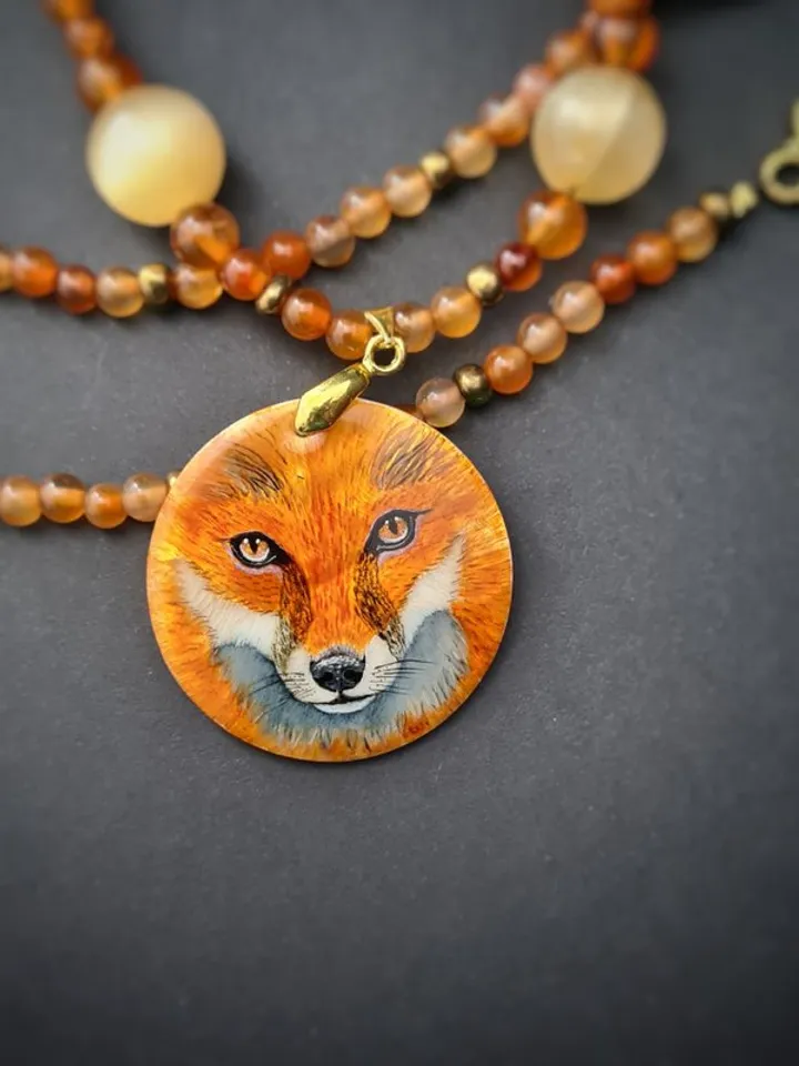 Fox necklace Miniature painting. Mother pearl pendant. Christmas Gift wrapping
