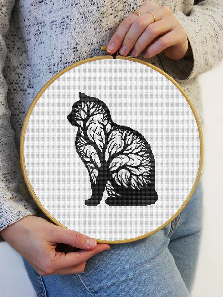 Cat tree silhouette cross stitch pattern PDF download Cat cross stitch chart, Simple pattern digital PDF for beginner, Tree of life cat #K55