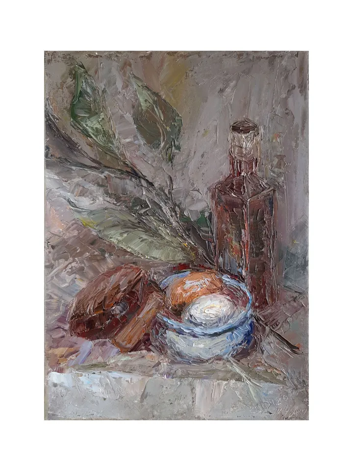 Egg PAINTING 12,1x8,7" ORIGINAL ART Kitchen Artwork Bread Bay Leaf Still Life Signed by artist Marina Chuchko