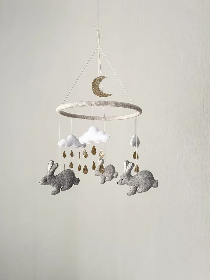 Bunny and Gold moon baby mobile, neutral nursery decor