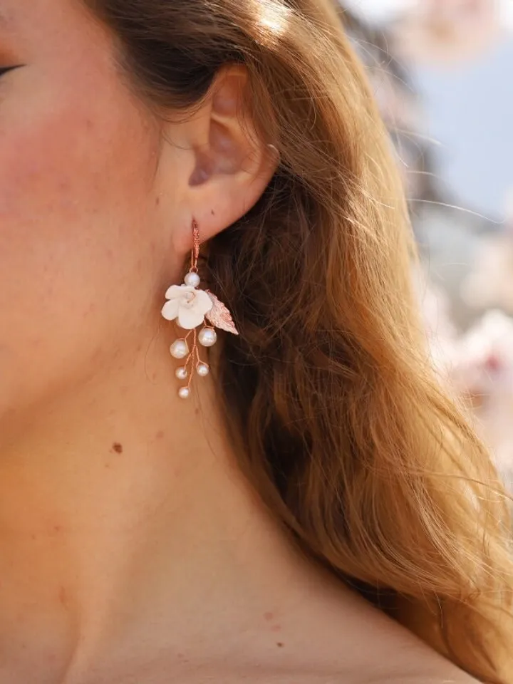 Delicate Porcelain Flower Wedding Earrings, Rose Gold Floral Chandelier Statement Wedding Earrings, Leaf Bridal Earrings, Pearl Jewelry Set