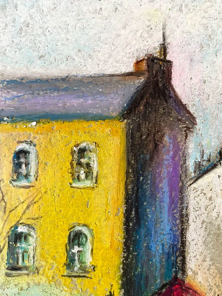 Town painting Oil pastel painting City street landscape Riverside art