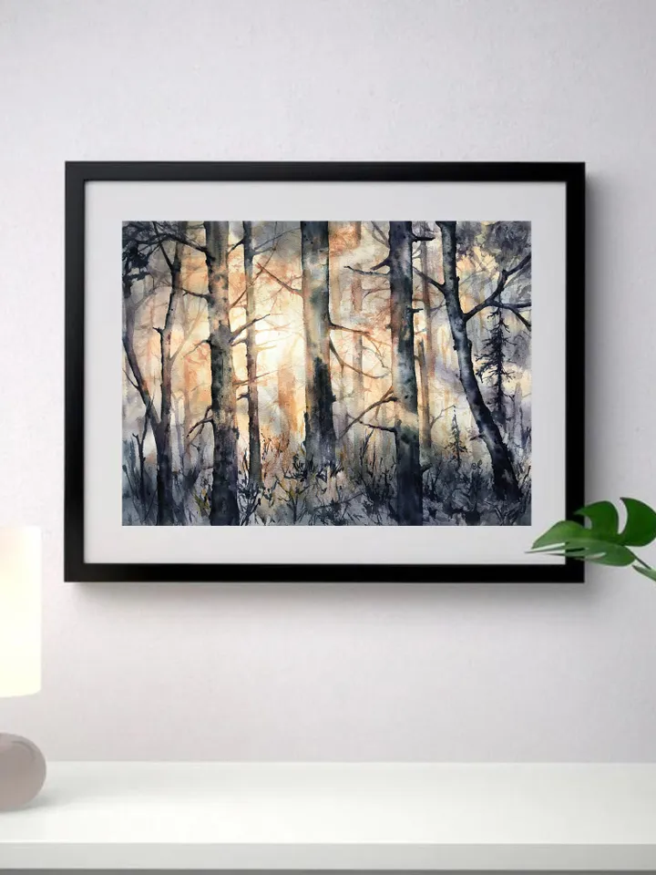 Forest Original Painting Watercolor Sunset Painting Trees Landscape Wall art