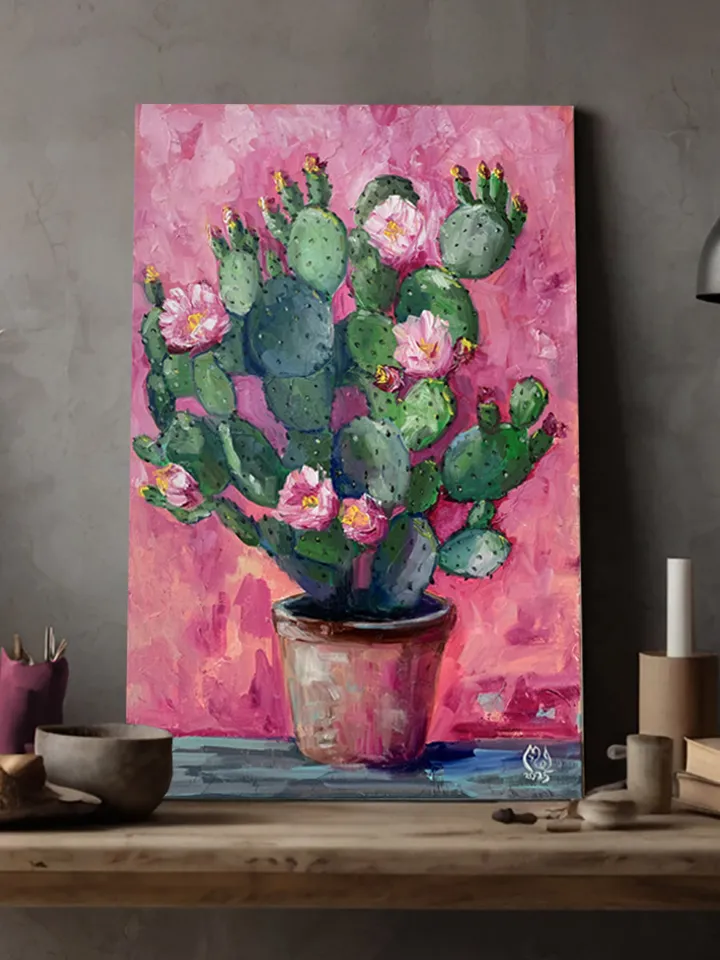 Cactus Painting with Pink Flowers – Original Oil Art on Canvas 16x24 inches