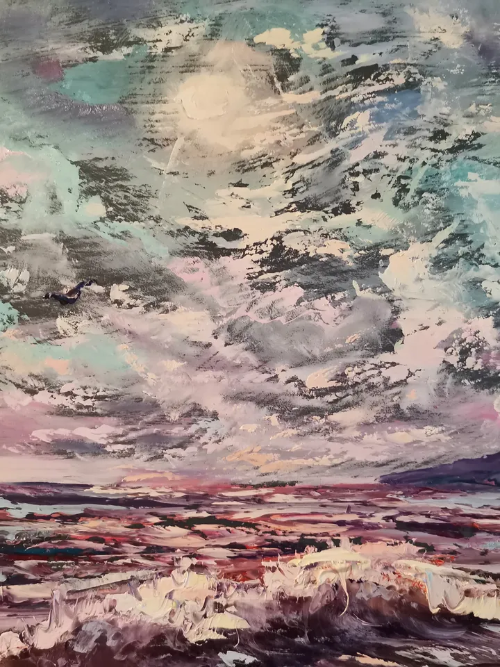 Moon Night Mountains Sea Wave Original Art Oil Painting Artist Svinar Oksana